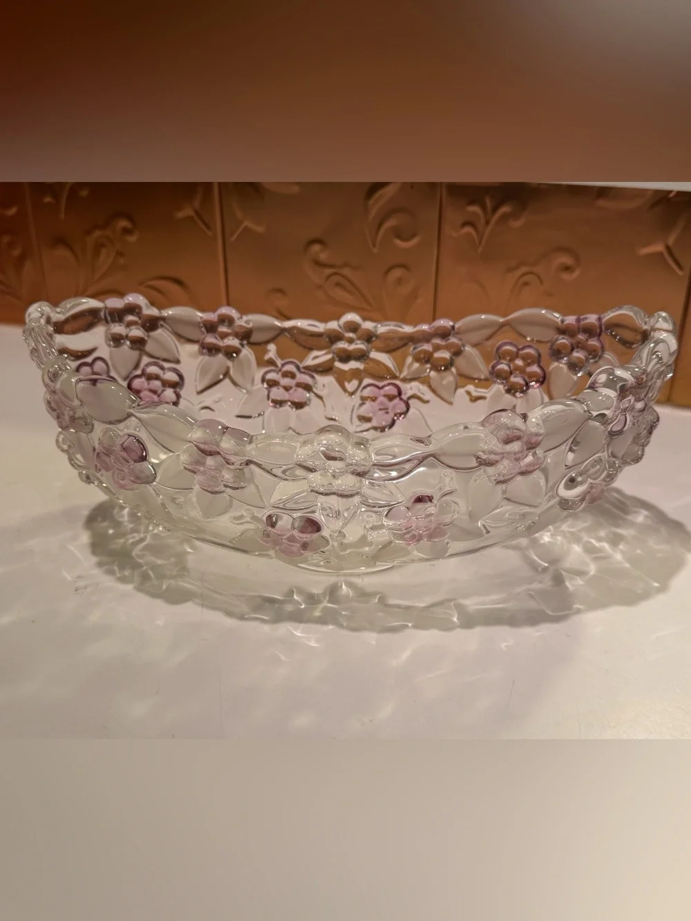 Vintage Mikasa Carmen Rose Clear Glass Floral Serving Bowl with Purple Accents